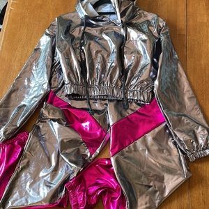 💗 Shiny Metallic Crop Top Holographic hoodie & pants iridescent Silver magenta